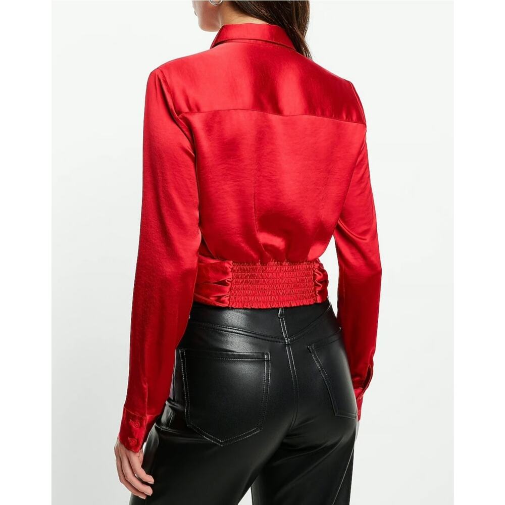 Express Portofino Red Satin Tie Front Button-Up Blouse Women’s Large Holiday - Picture 3 of 13
